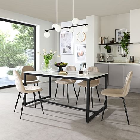 Avenue Dining Table & 6 Brooklyn Chairs, White Marble Effect & Black Steel, Champagne Classic Velvet, 160cm