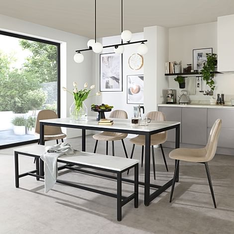 Avenue Dining Table, Bench & 2 Brooklyn Chairs, White Marble Effect & Black Steel, Champagne Classic Velvet, 160cm