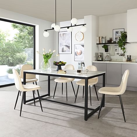 Avenue Dining Table & 4 Brooklyn Chairs, White Marble Effect & Black Steel, Ivory Classic Plush Fabric, 160cm