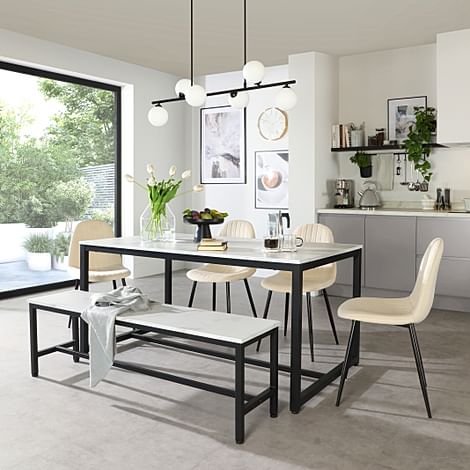 Avenue Dining Table, Bench & 2 Brooklyn Chairs, White Marble Effect & Black Steel, Ivory Classic Plush Fabric, 160cm