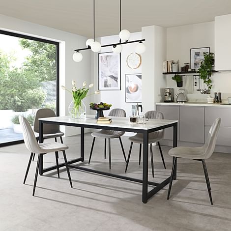 Avenue Dining Table & 4 Brooklyn Chairs, White Marble Effect & Black Steel, Grey Classic Velvet, 160cm