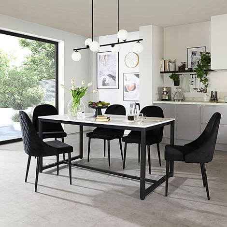 Avenue Dining Table & 4 Ricco Chairs, White Marble Effect & Black Steel, Black Classic Velvet, 160cm