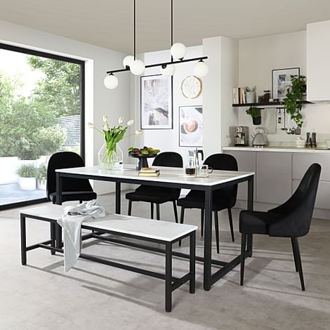 Avenue Dining Table, Bench & 2 Ricco Chairs, White Marble Effect & Black Steel, Black Classic Velvet, 160cm