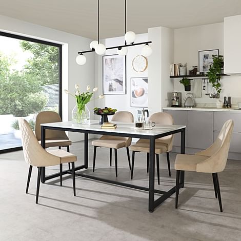 Avenue Dining Table & 4 Ricco Chairs, White Marble Effect & Black Steel, Champagne Classic Velvet, 160cm