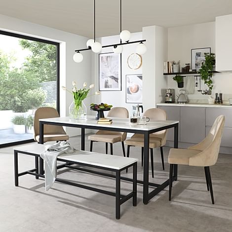 Avenue Dining Table, Bench & 2 Ricco Chairs, White Marble Effect & Black Steel, Champagne Classic Velvet, 160cm