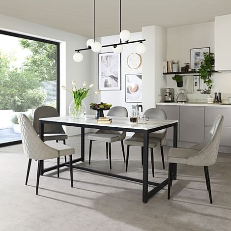 Avenue Dining Table & 4 Ricco Chairs, White Marble Effect & Black Steel, Grey Classic Velvet, 160cm