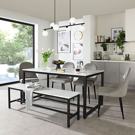Avenue Dining Table, Bench & 2 Ricco Chairs, White Marble Effect & Black Steel, Grey Classic Velvet, 160cm