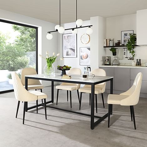 Avenue Dining Table & 4 Ricco Chairs, White Marble Effect & Black Steel, Ivory Classic Plush Fabric, 160cm