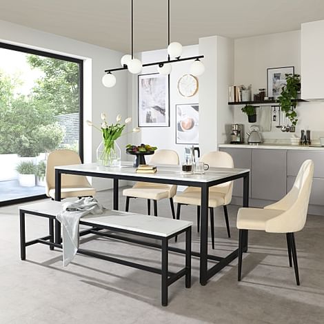 Avenue Dining Table, Bench & 2 Ricco Chairs, White Marble Effect & Black Steel, Ivory Classic Plush Fabric, 160cm
