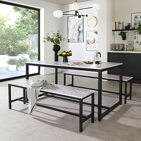 Avenue Dining Table & 2 Benches, Grey Marble Effect & Black Steel, 160cm