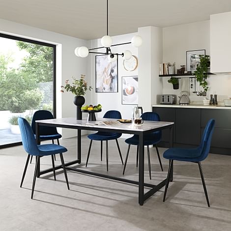 Avenue Dining Table & 4 Brooklyn Chairs, Grey Marble Effect & Black Steel, Blue Classic Velvet, 160cm