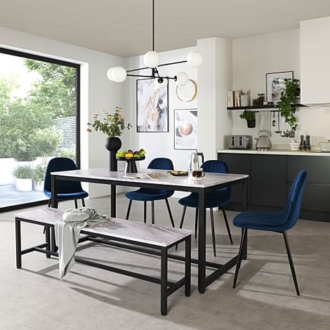 Avenue Dining Table, Bench & 4 Brooklyn Chairs, Grey Marble Effect & Black Steel, Blue Classic Velvet, 160cm