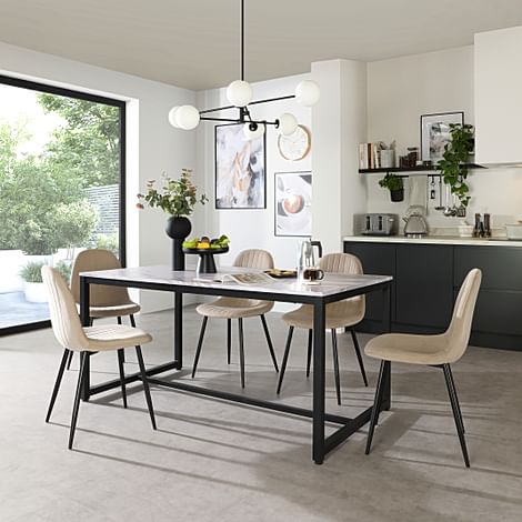 Avenue Dining Table & 4 Brooklyn Chairs, Grey Marble Effect & Black Steel, Champagne Classic Velvet, 160cm