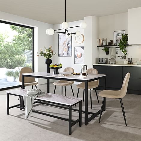 Avenue Dining Table, Bench & 2 Brooklyn Chairs, Grey Marble Effect & Black Steel, Champagne Classic Velvet, 160cm