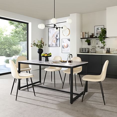 Avenue Dining Table & 4 Brooklyn Chairs, Grey Marble Effect & Black Steel, Ivory Classic Plush Fabric, 160cm