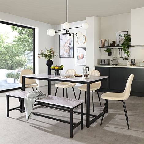 Avenue Dining Table, Bench & 2 Brooklyn Chairs, Grey Marble Effect & Black Steel, Ivory Classic Plush Fabric, 160cm