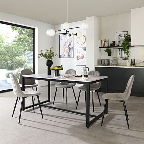 Avenue Dining Table & 4 Brooklyn Chairs, Grey Marble Effect & Black Steel, Grey Classic Velvet, 160cm