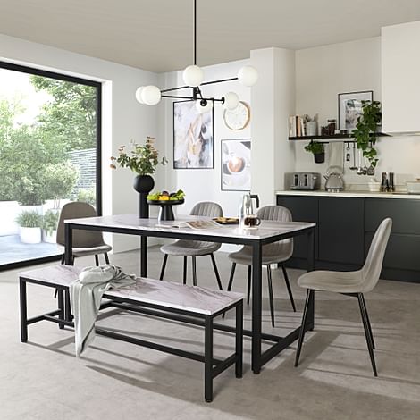 Avenue Dining Table, Bench & 2 Brooklyn Chairs, Grey Marble Effect & Black Steel, Grey Classic Velvet, 160cm