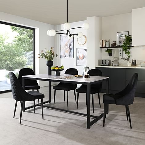 Avenue Dining Table & 6 Ricco Chairs, Grey Marble Effect & Black Steel, Black Classic Velvet, 160cm