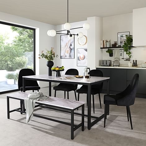 Avenue Dining Table, Bench & 4 Ricco Chairs, Grey Marble Effect & Black Steel, Black Classic Velvet, 160cm