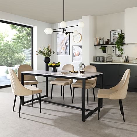 Avenue Dining Table & 4 Ricco Chairs, Grey Marble Effect & Black Steel, Champagne Classic Velvet, 160cm