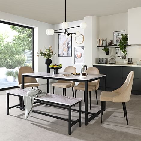 Avenue Dining Table, Bench & 4 Ricco Chairs, Grey Marble Effect & Black Steel, Champagne Classic Velvet, 160cm