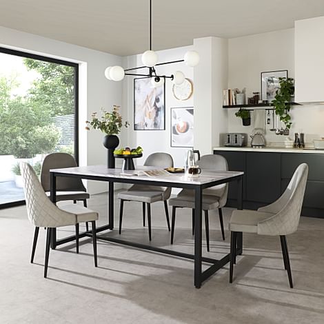 Avenue Dining Table & 4 Ricco Chairs, Grey Marble Effect & Black Steel, Grey Classic Velvet, 160cm
