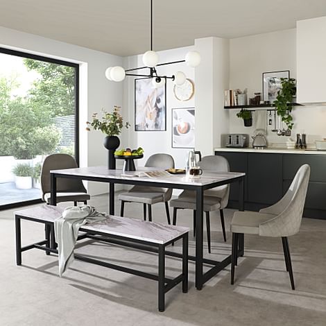 Avenue Dining Table, Bench & 2 Ricco Chairs, Grey Marble Effect & Black Steel, Grey Classic Velvet, 160cm