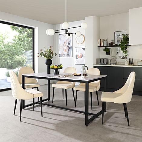 Avenue Dining Table & 4 Ricco Chairs, Grey Marble Effect & Black Steel, Ivory Classic Plush Fabric, 160cm