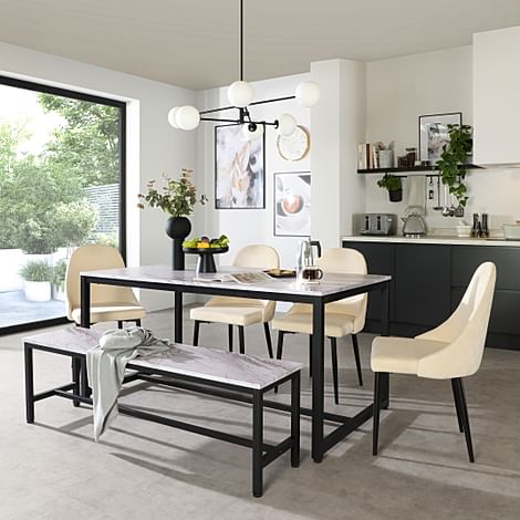 Avenue Dining Table, Bench & 2 Ricco Chairs, Grey Marble Effect & Black Steel, Ivory Classic Plush Fabric, 160cm