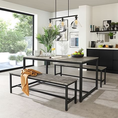 Avenue Industrial Dining Table & 2 Benches, Grey Concrete Effect & Black Steel, 160cm