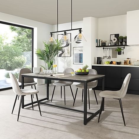 Avenue Industrial Dining Table & 4 Brooklyn Chairs, Grey Concrete Effect & Black Steel, Grey Classic Velvet, 160cm
