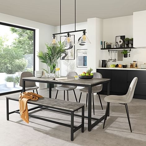 Avenue Industrial Dining Table, Bench & 4 Brooklyn Chairs, Grey Concrete Effect & Black Steel, Grey Classic Velvet, 160cm