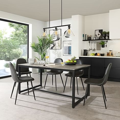 Avenue Industrial Dining Table & 4 Brooklyn Chairs, Grey Concrete Effect & Black Steel, Vintage Grey Classic Faux Leather, 160cm