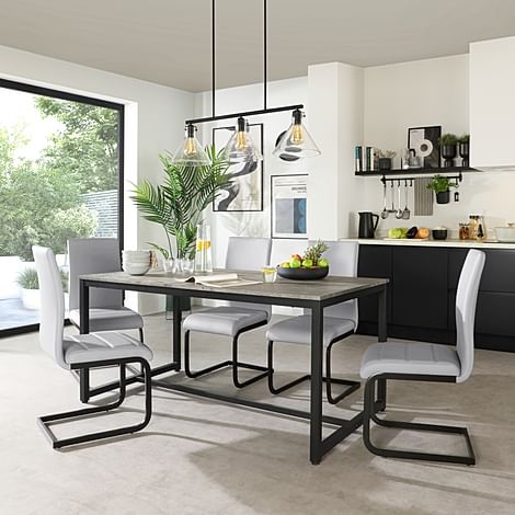 Avenue Industrial Dining Table & 4 Perth Chairs, Grey Concrete Effect & Black Steel, Light Grey Classic Faux Leather, 160cm
