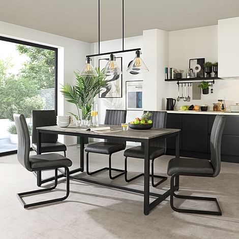 Avenue Industrial Dining Table & 4 Perth Chairs, Grey Concrete Effect & Black Steel, Vintage Grey Classic Faux Leather, 160cm