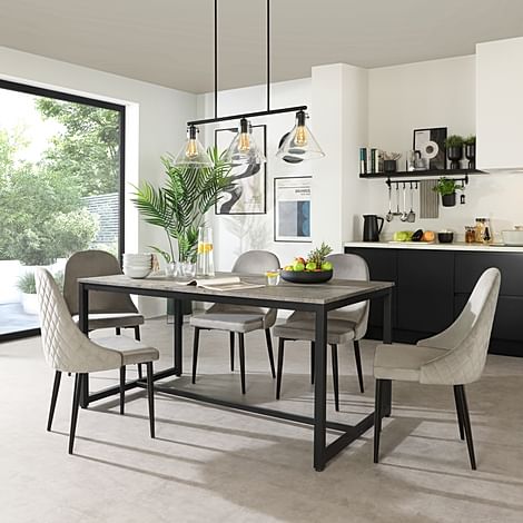 Avenue Industrial Dining Table & 4 Ricco Chairs, Grey Concrete Effect & Black Steel, Grey Classic Velvet, 160cm