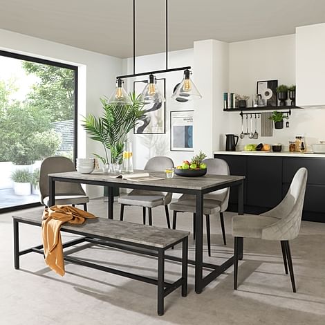 Avenue Industrial Dining Table, Bench & 2 Ricco Chairs, Grey Concrete Effect & Black Steel, Grey Classic Velvet, 160cm