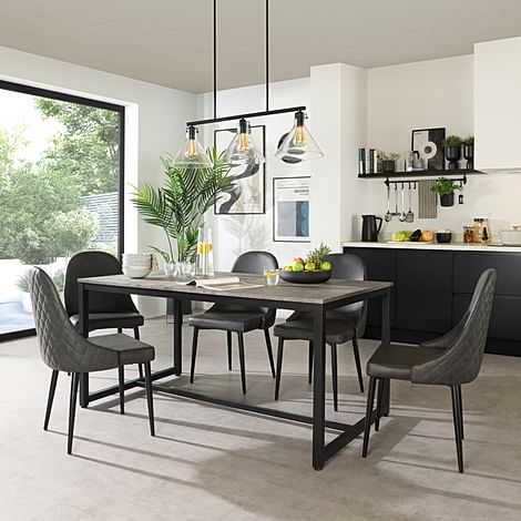 Avenue Industrial Dining Table & 4 Ricco Chairs, Grey Concrete Effect & Black Steel, Vintage Grey Premium Faux Leather, 160cm