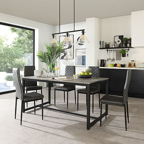 Avenue Industrial Dining Table & 4 Renzo Chairs, Grey Concrete Effect & Black Steel, Vintage Grey Classic Faux Leather, 160cm