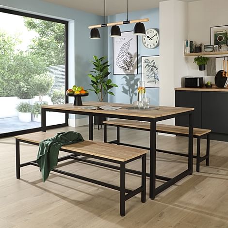 Avenue Dining Table & 2 Benches, Natural Oak Effect & Black Steel, 160cm