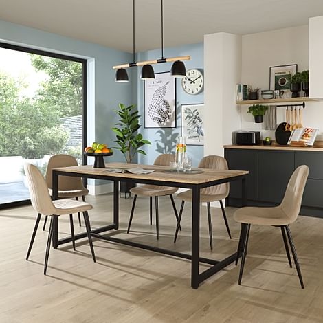 Avenue Dining Table & 4 Brooklyn Chairs, Natural Oak Effect & Black Steel, Champagne Classic Velvet, 160cm