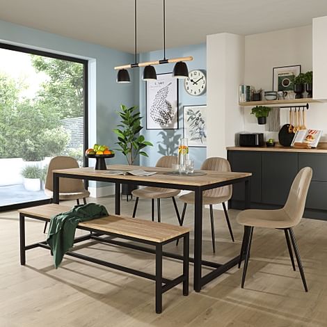 Avenue Dining Table, Bench & 2 Brooklyn Chairs, Natural Oak Effect & Black Steel, Champagne Classic Velvet, 160cm