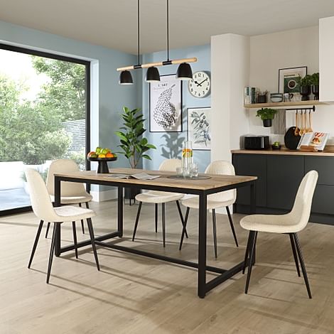 Avenue Dining Table & 4 Brooklyn Chairs, Natural Oak Effect & Black Steel, Ivory Boucle Fabric, 160cm