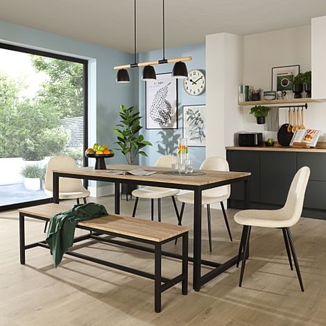 Avenue Dining Table, Bench & 4 Brooklyn Chairs, Natural Oak Effect & Black Steel, Ivory Boucle Fabric, 160cm