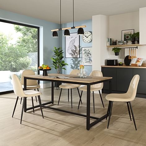 Avenue Dining Table & 4 Brooklyn Chairs, Natural Oak Effect & Black Steel, Ivory Classic Plush Fabric, 160cm