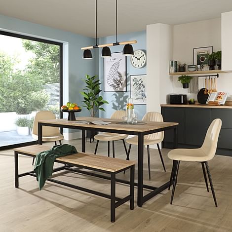 Avenue Dining Table, Bench & 2 Brooklyn Chairs, Natural Oak Effect & Black Steel, Ivory Classic Plush Fabric, 160cm