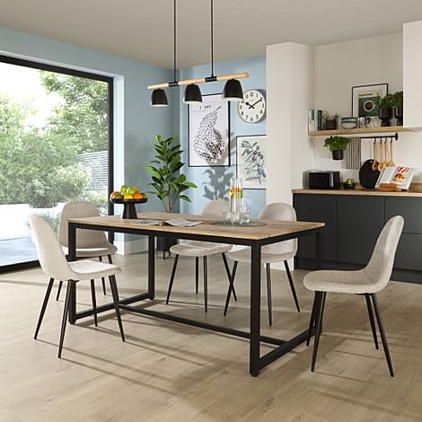 Avenue Dining Table & 4 Brooklyn Chairs, Natural Oak Effect & Black Steel, Light Grey Boucle Fabric, 160cm
