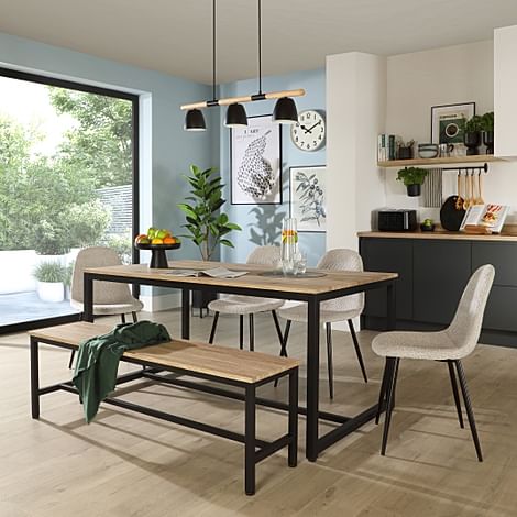 Avenue Dining Table, Bench & 4 Brooklyn Chairs, Natural Oak Effect & Black Steel, Light Grey Boucle Fabric, 160cm