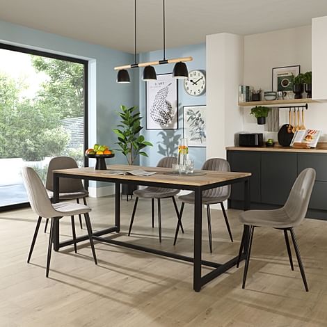 Avenue Dining Table & 4 Brooklyn Chairs, Natural Oak Effect & Black Steel, Grey Classic Velvet, 160cm